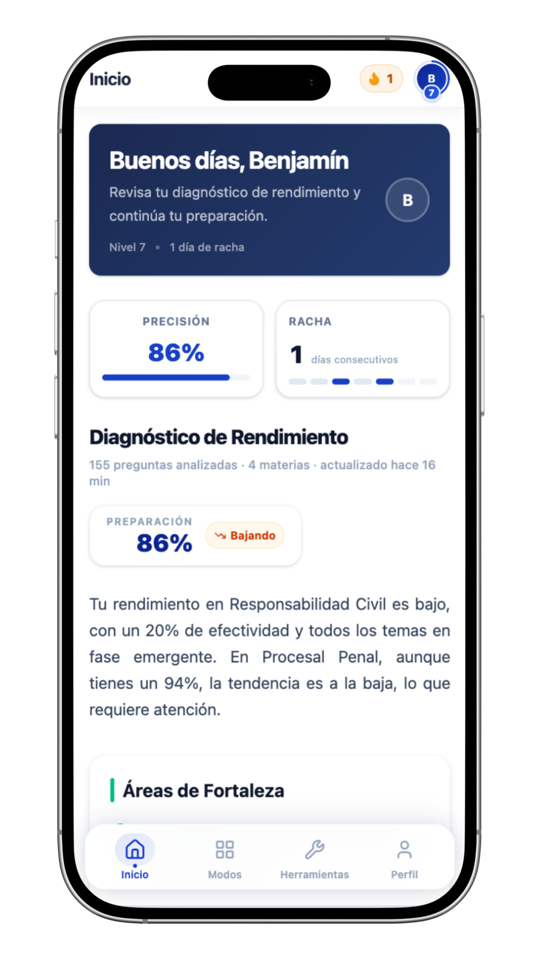 Pantalla de inicio de Lexlevel con el diagnóstico general de rendimiento