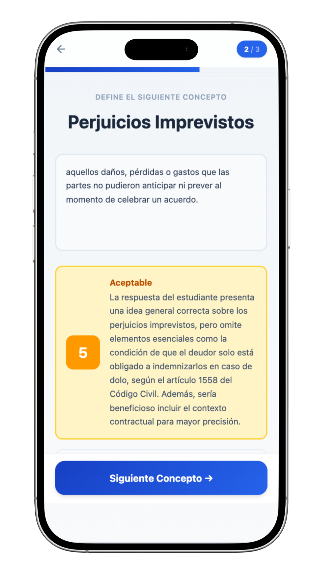 Modo Conceptos donde el estudiante escribe la definición con sus propias palabras